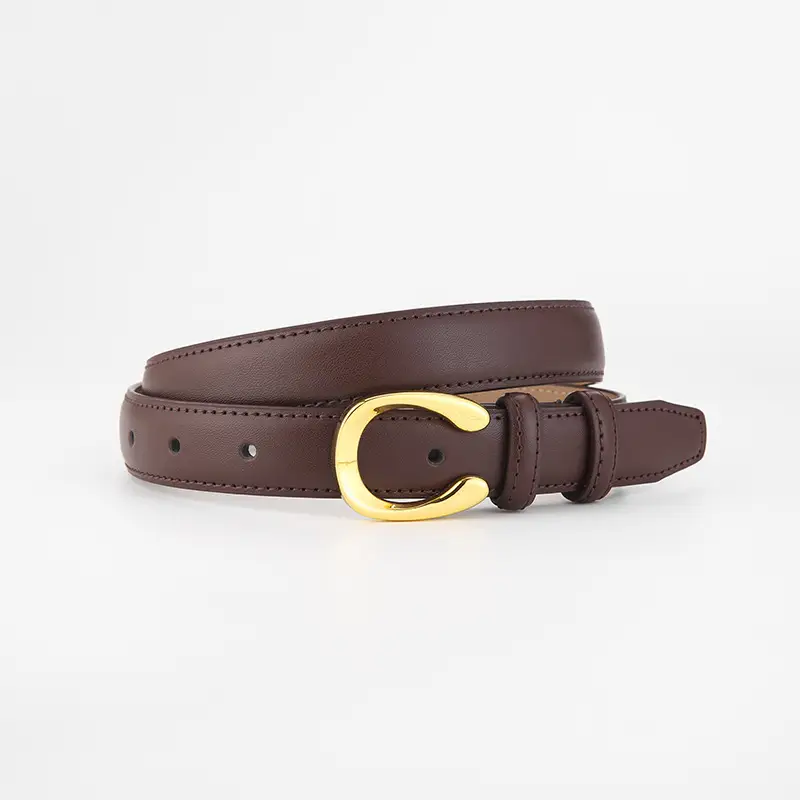 Women's Thin Leather Belt with Gold Buckle Brown Black - Image 4