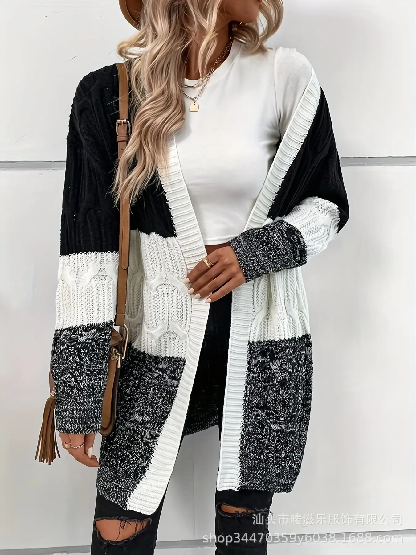Women Crossbody Cardigan Set Black White Striped Knitted