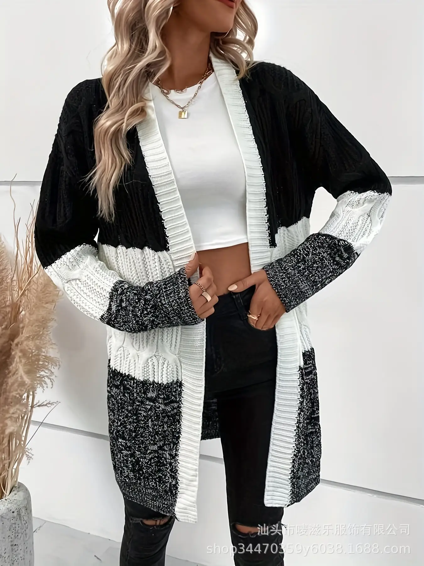 Women Crossbody Cardigan Set Black White Striped Knitted