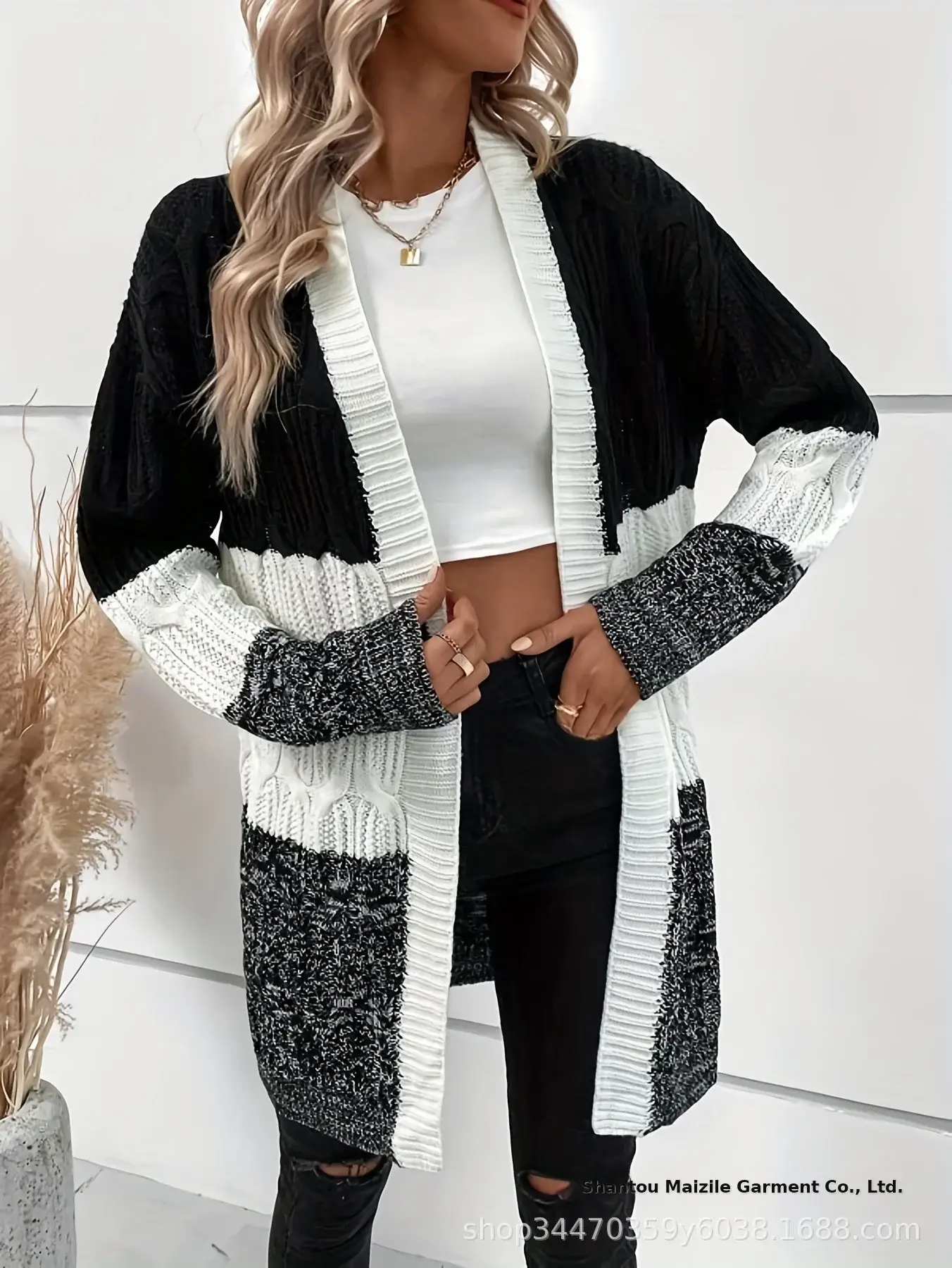 Women Crossbody Cardigan Set Black White Striped Knitted — feature 7