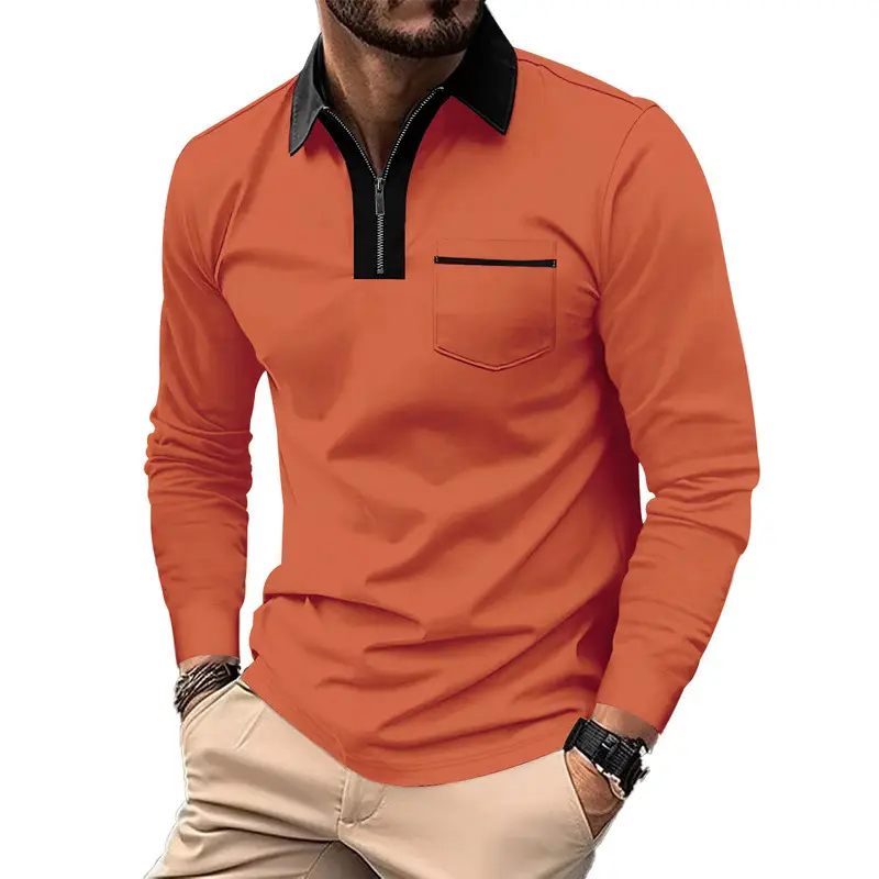 Men's Cream Polo Shirt Long Sleeve Collared Half-Zip - Image 12