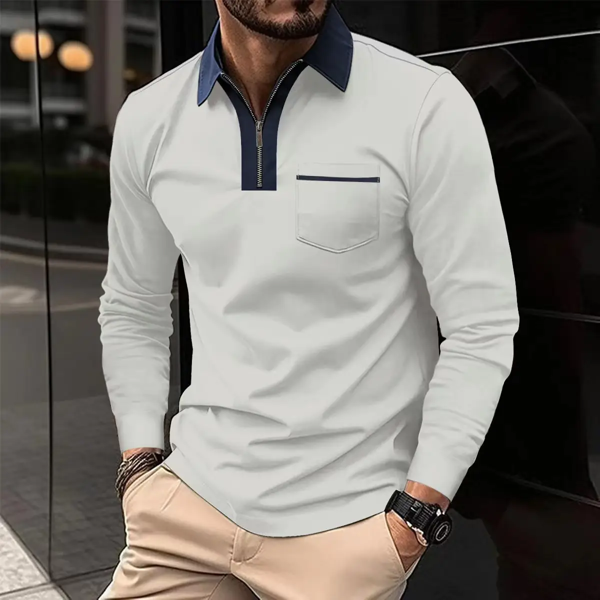 Men's Cream Polo Shirt Long Sleeve Collared Half-Zip — feature 49