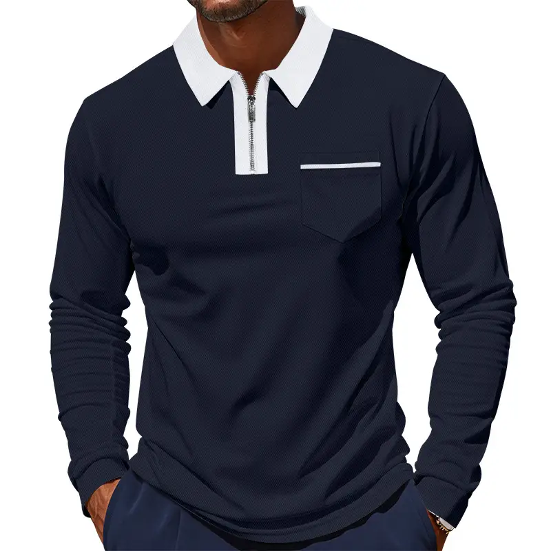 Men's Cream Polo Shirt Long Sleeve Collared Half-Zip - Image 2