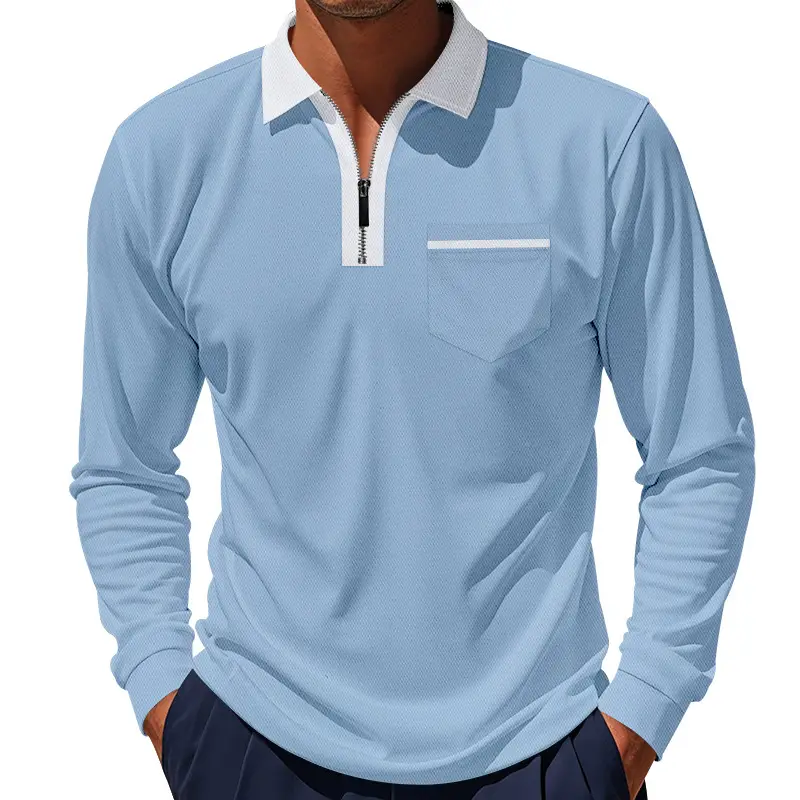 Men's Cream Polo Shirt Long Sleeve Collared Half-Zip - Image 3