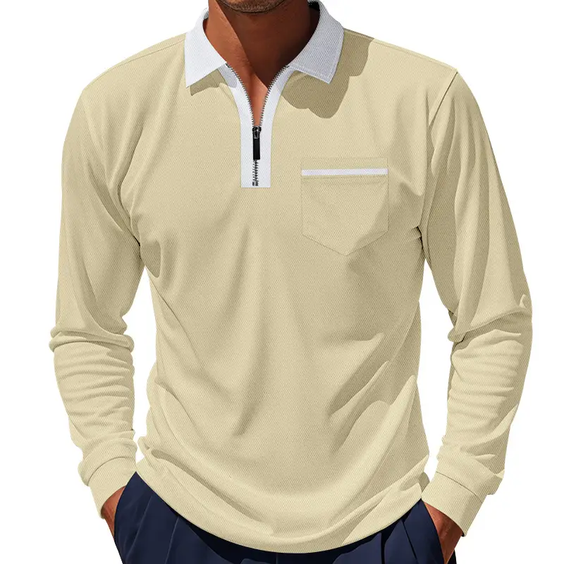 Men's Cream Polo Shirt Long Sleeve Collared Half-Zip - Image 4