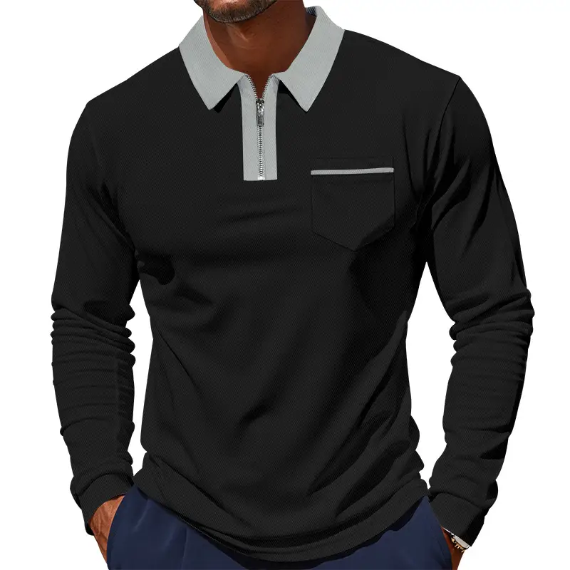 Men's Cream Polo Shirt Long Sleeve Collared Half-Zip - Image 5