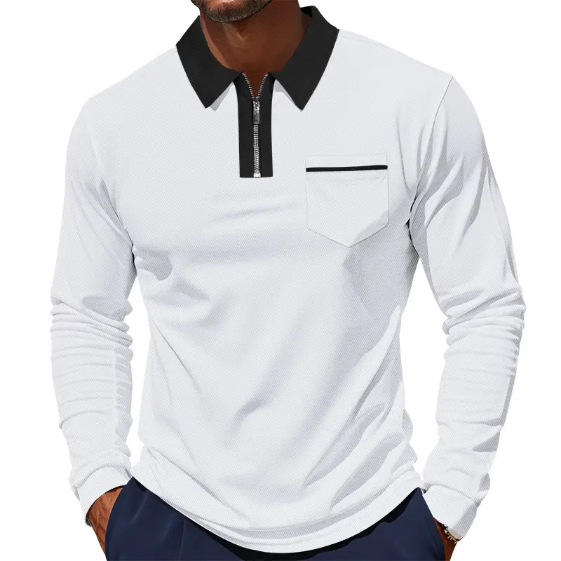 Men's Cream Polo Shirt Long Sleeve Collared Half-Zip - Image 6
