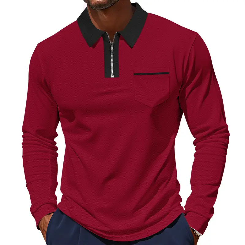 Men's Cream Polo Shirt Long Sleeve Collared Half-Zip - Image 7