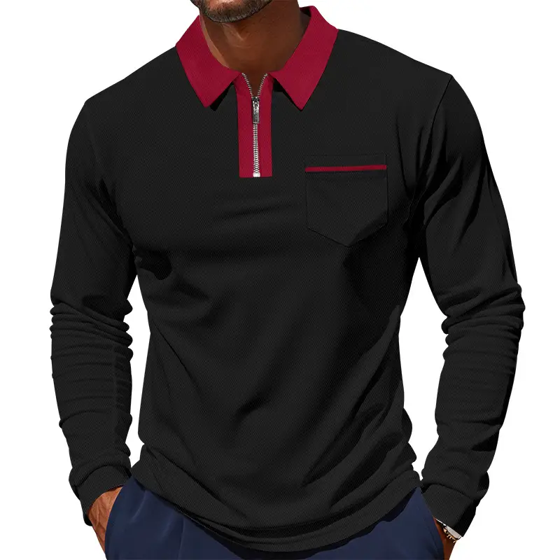 Men's Cream Polo Shirt Long Sleeve Collared Half-Zip - Image 8