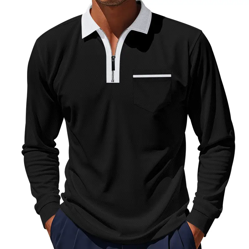 Men's Cream Polo Shirt Long Sleeve Collared Half-Zip - Image 9