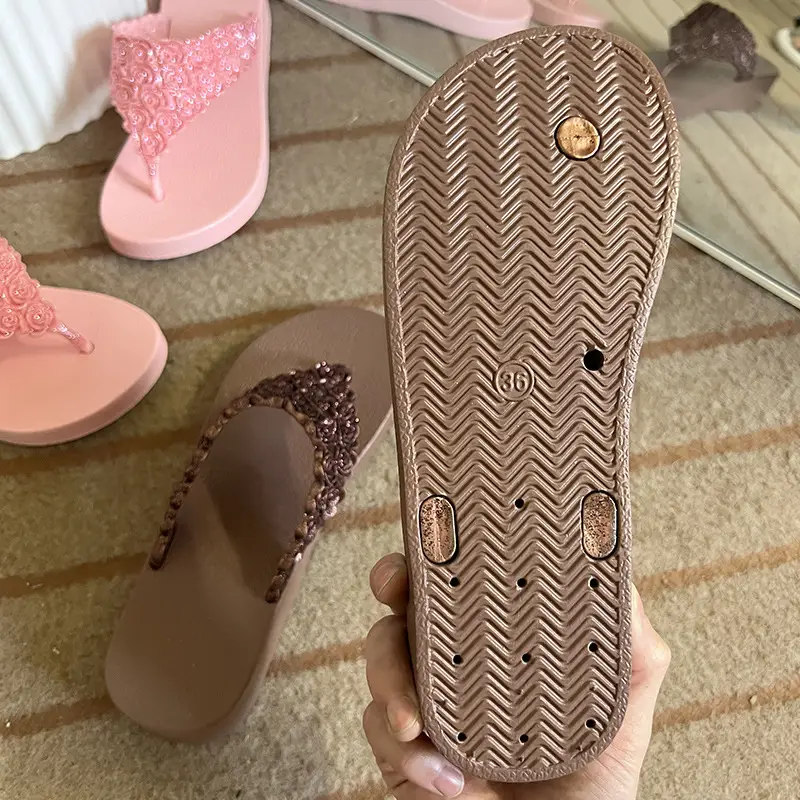 Pink Rose Wedge Flip Flops for Women