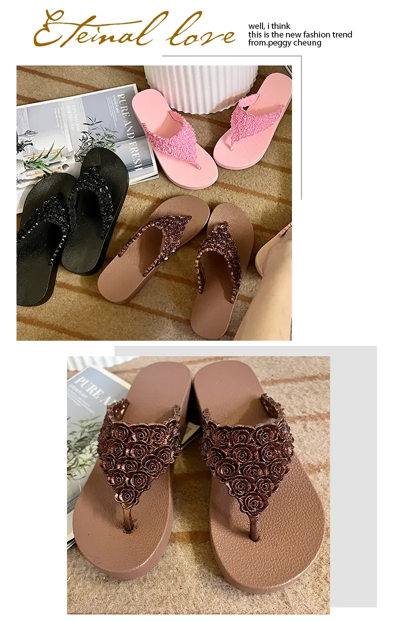 Pink Rose Wedge Flip Flops for Women — feature 3