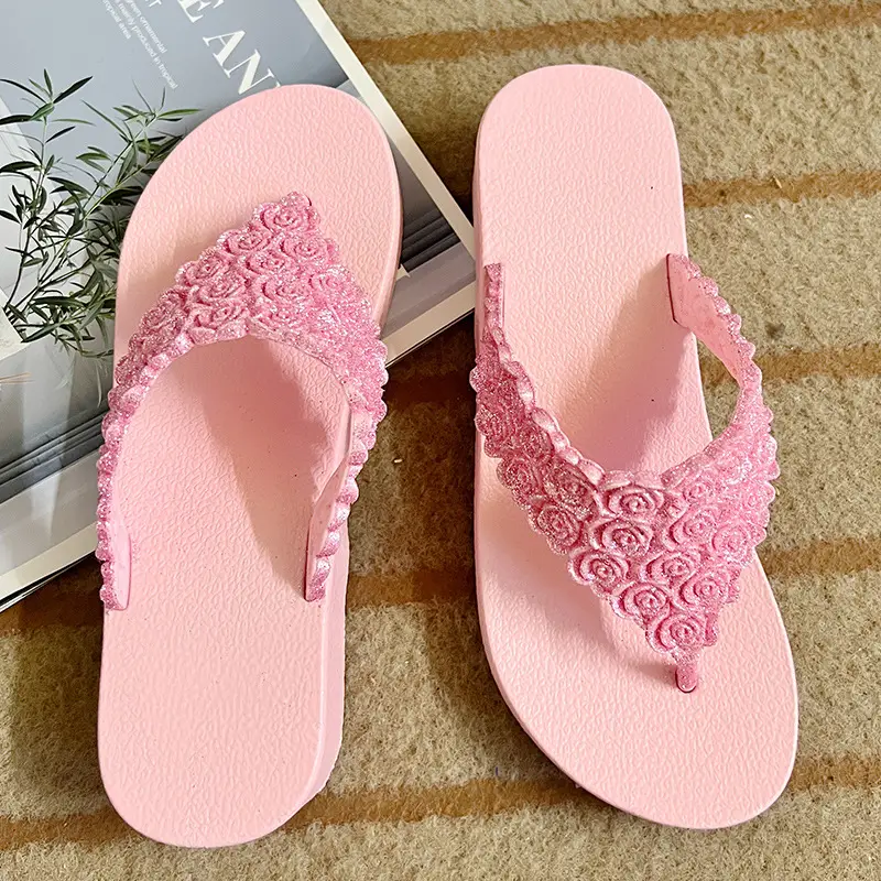 Pink Rose Wedge Flip Flops for Women