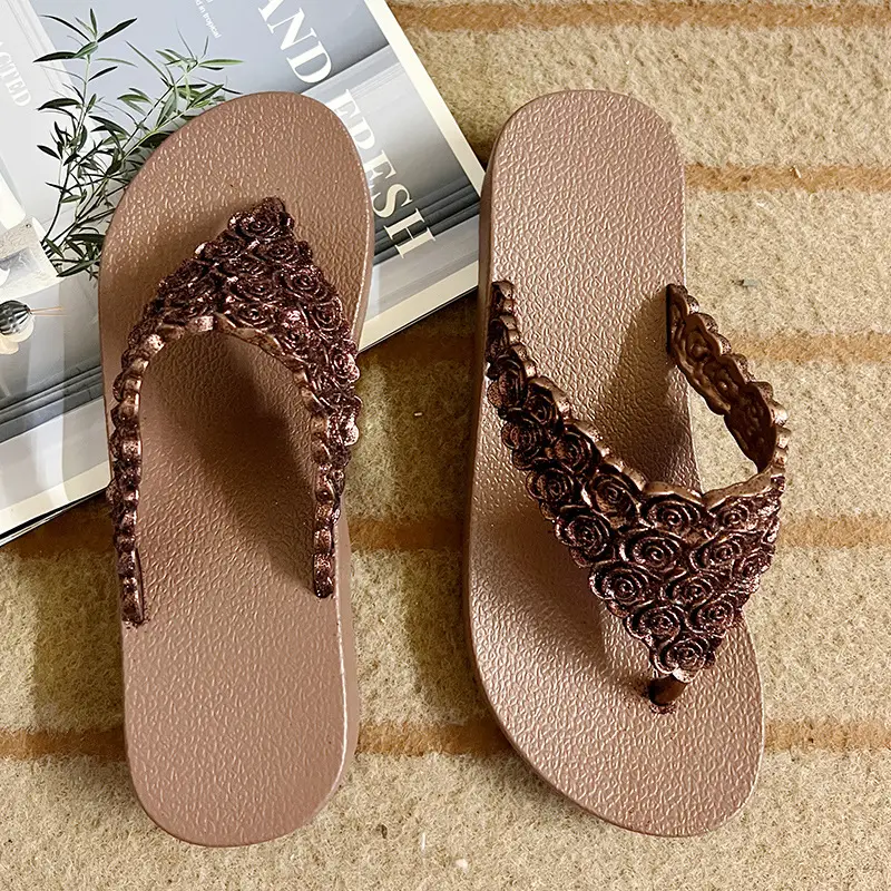 Pink Rose Wedge Flip Flops for Women