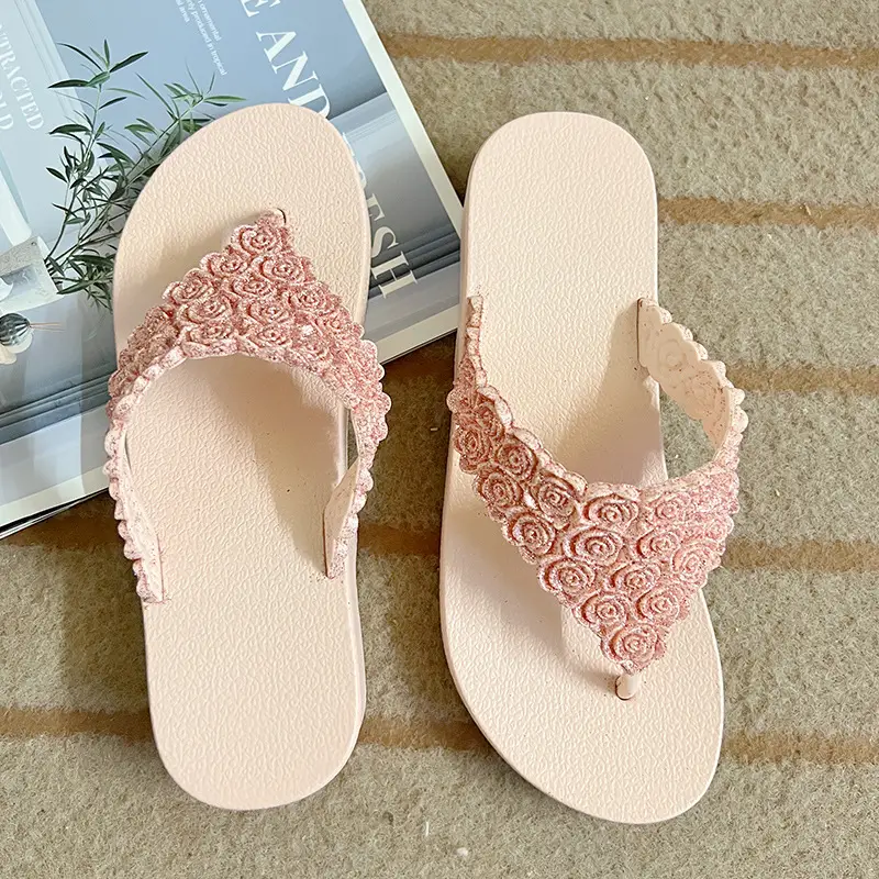 Pink Rose Wedge Flip Flops for Women