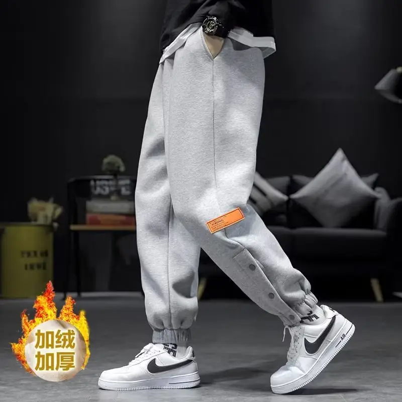 Men Fleece Lined Casual Pants Black Loose Toe Winter