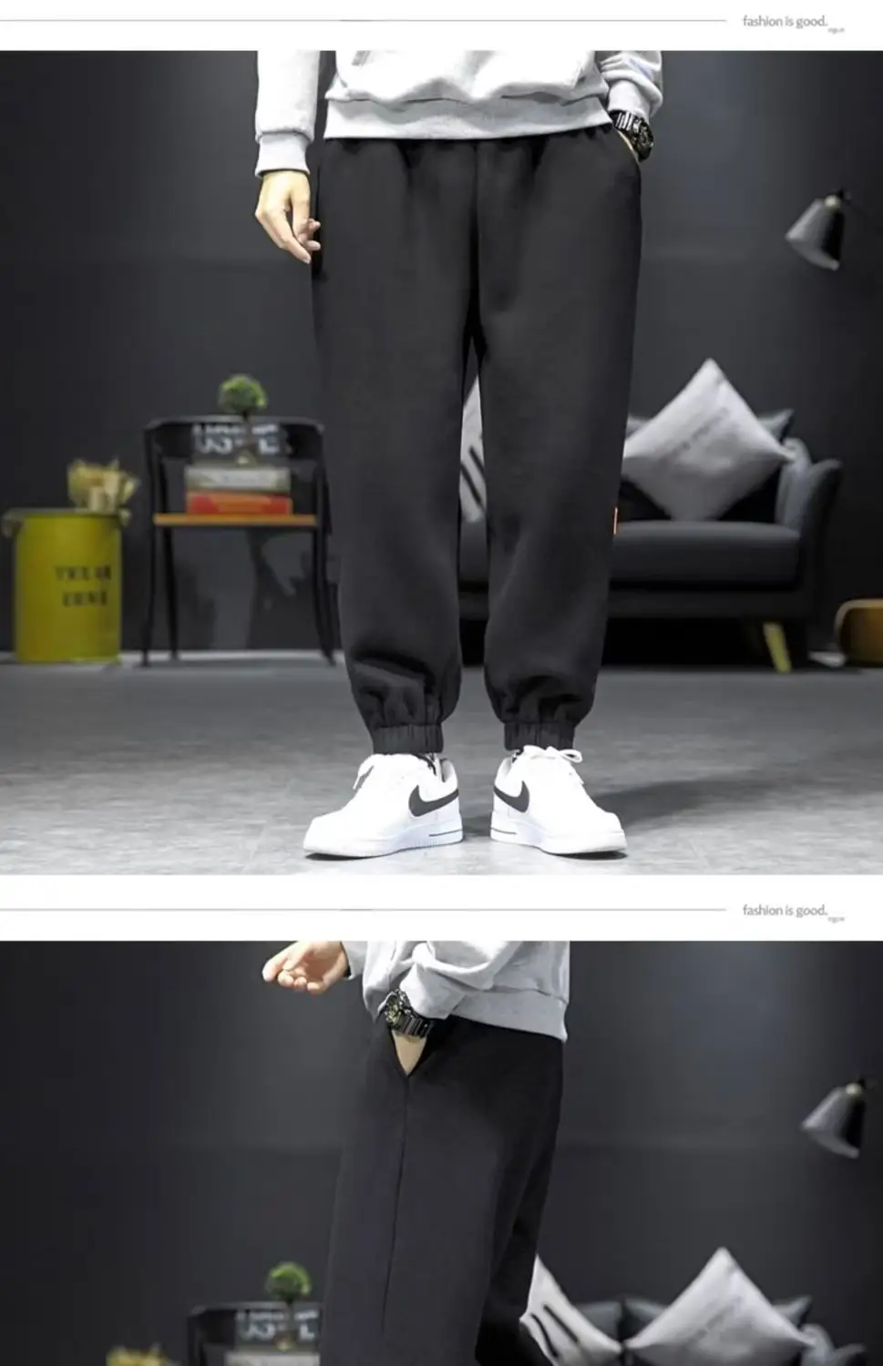Men Fleece Lined Casual Pants Black Loose Toe Winter — feature 10