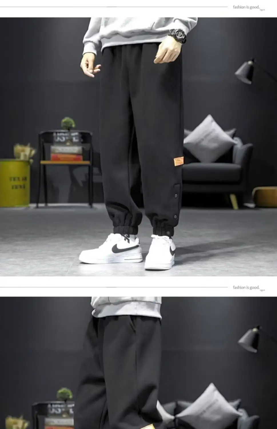 Men Fleece Lined Casual Pants Black Loose Toe Winter — feature 12