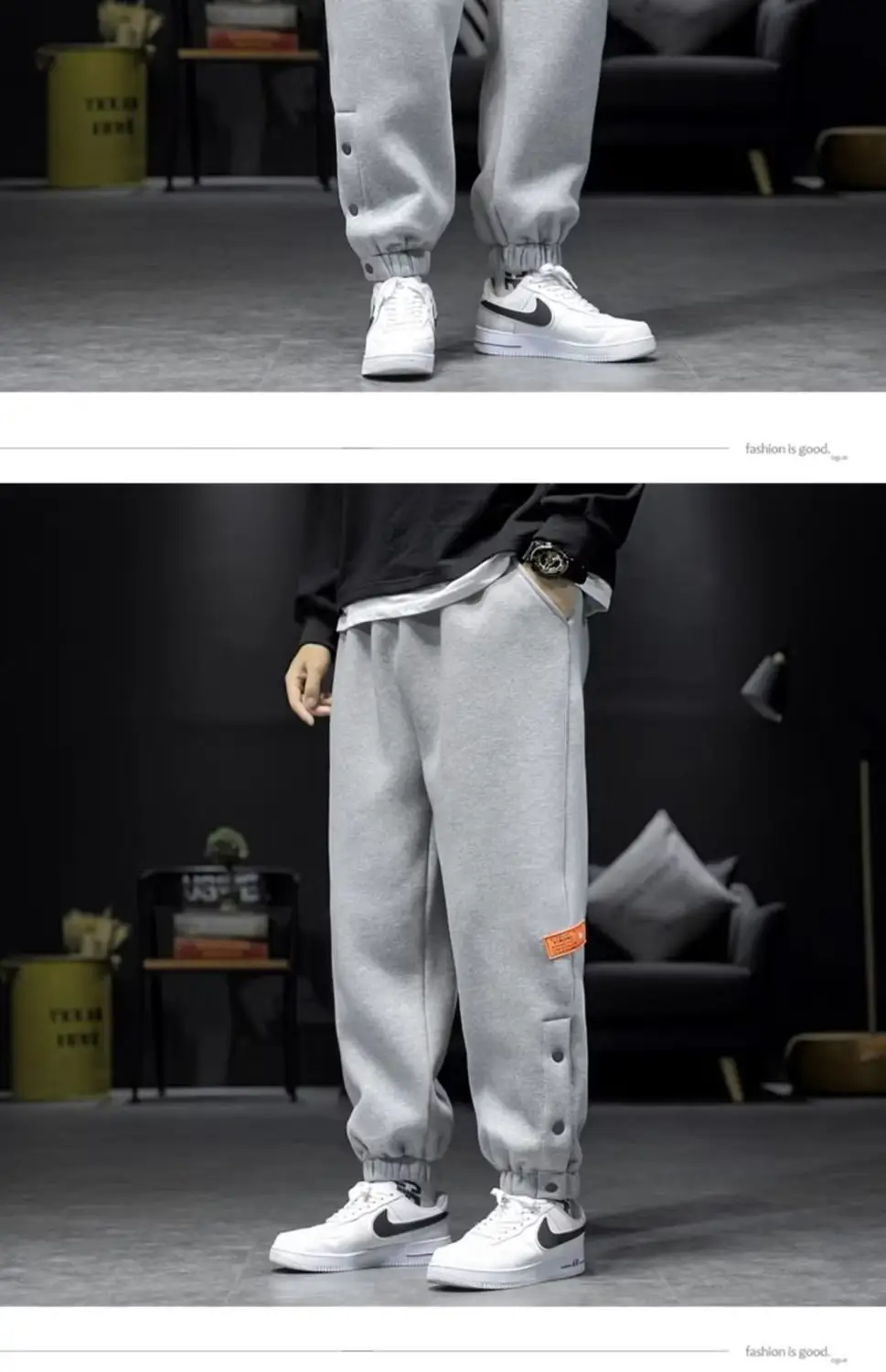 Men Fleece Lined Casual Pants Black Loose Toe Winter — feature 19