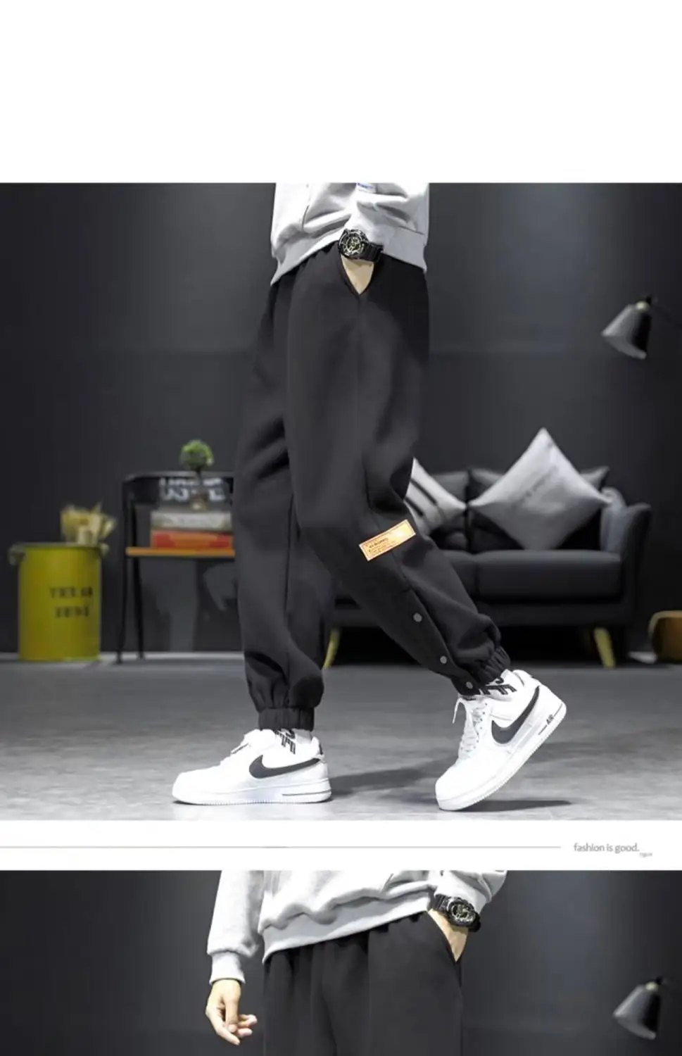 Men Fleece Lined Casual Pants Black Loose Toe Winter — feature 4