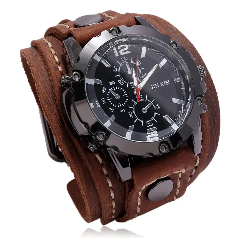 Men's Black Leather Strap Chronograph Watch - Image 4