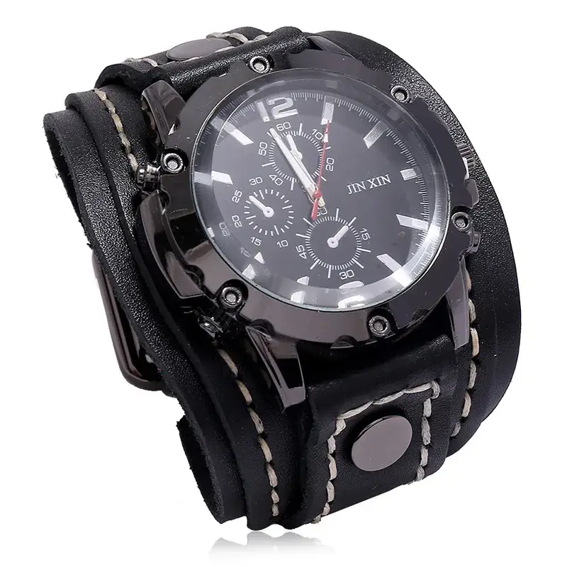 Men's Black Leather Strap Chronograph Watch - Image 3