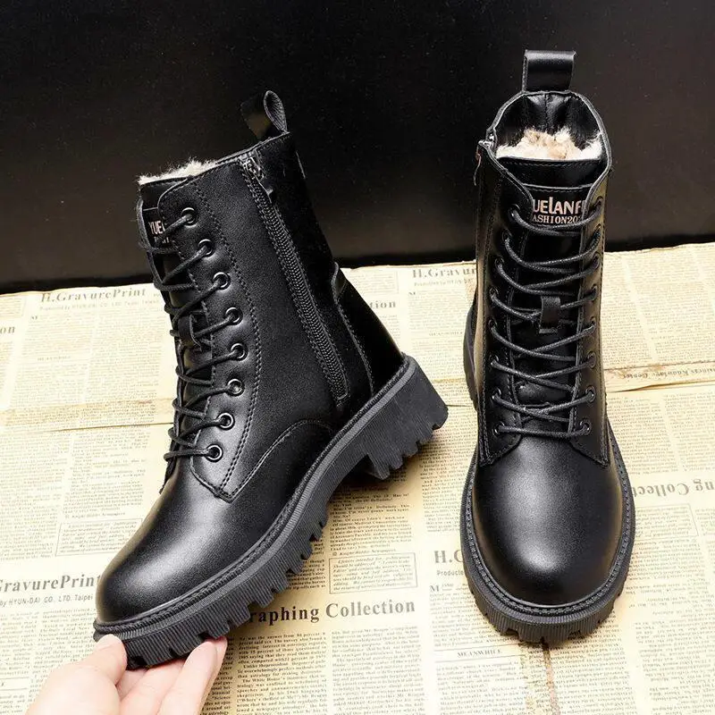 Women's Snow Boots 2026 New Model, Fleece-Lined, Thickened, Mid-Calf, Water-Resistant, Slip-Resistant, Integrated Leather and Fur, Winter Warm Cotton Boots