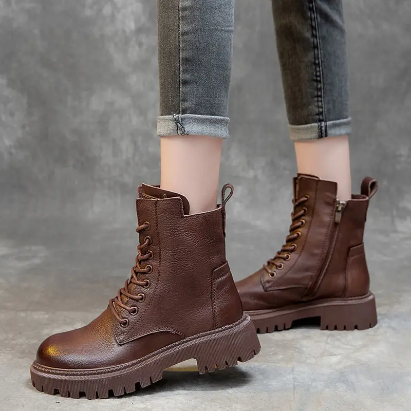Boots Women's British Style Short Boots 2025 Autumn and Winter K-Style Fleece-Lined Thickeneded Versatile Thick-Soled Boots Ins Trbottom — feature 14