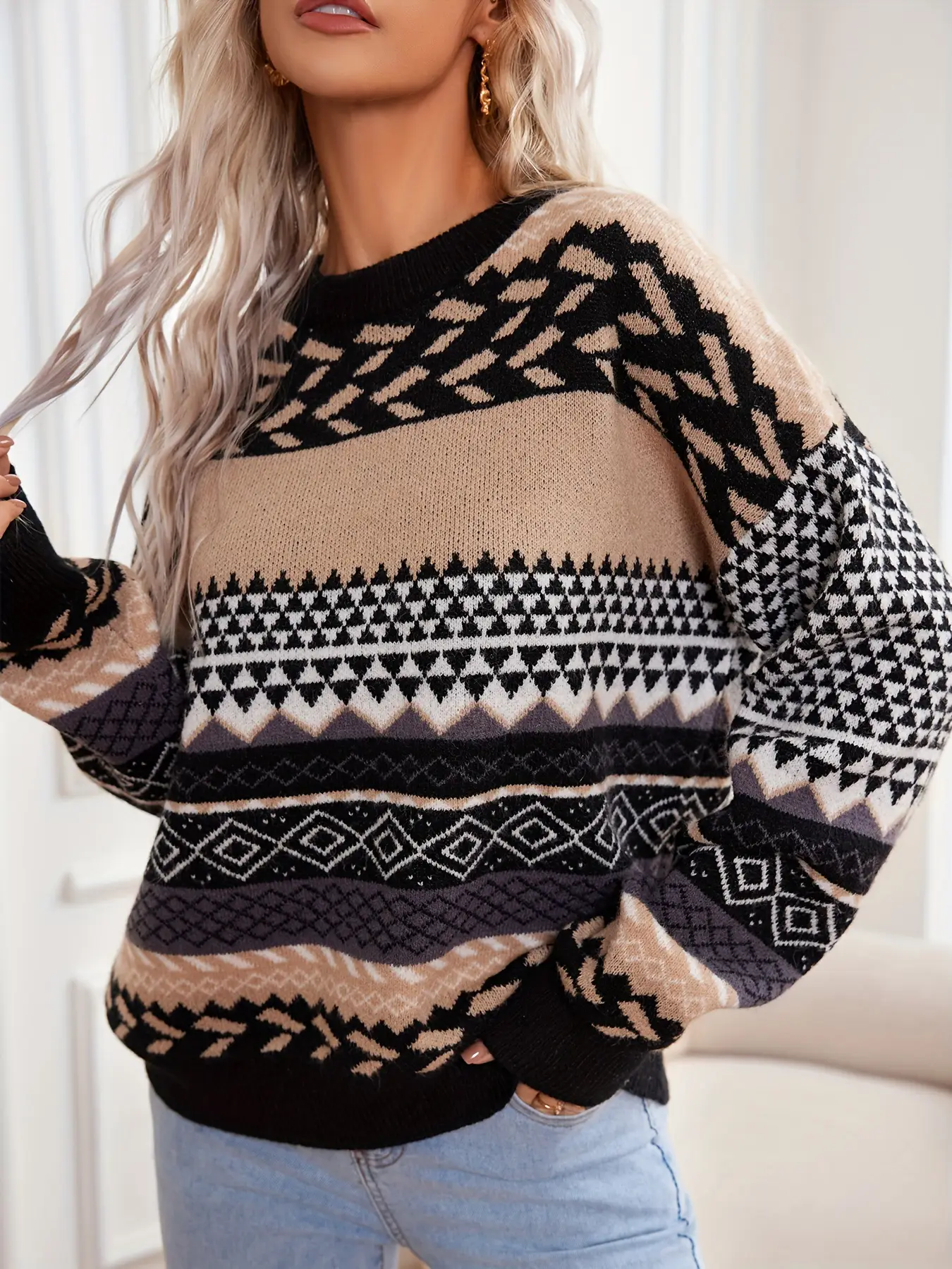 Women Waxy Knitted Sweater Brown Diamond Pattern - Image 9