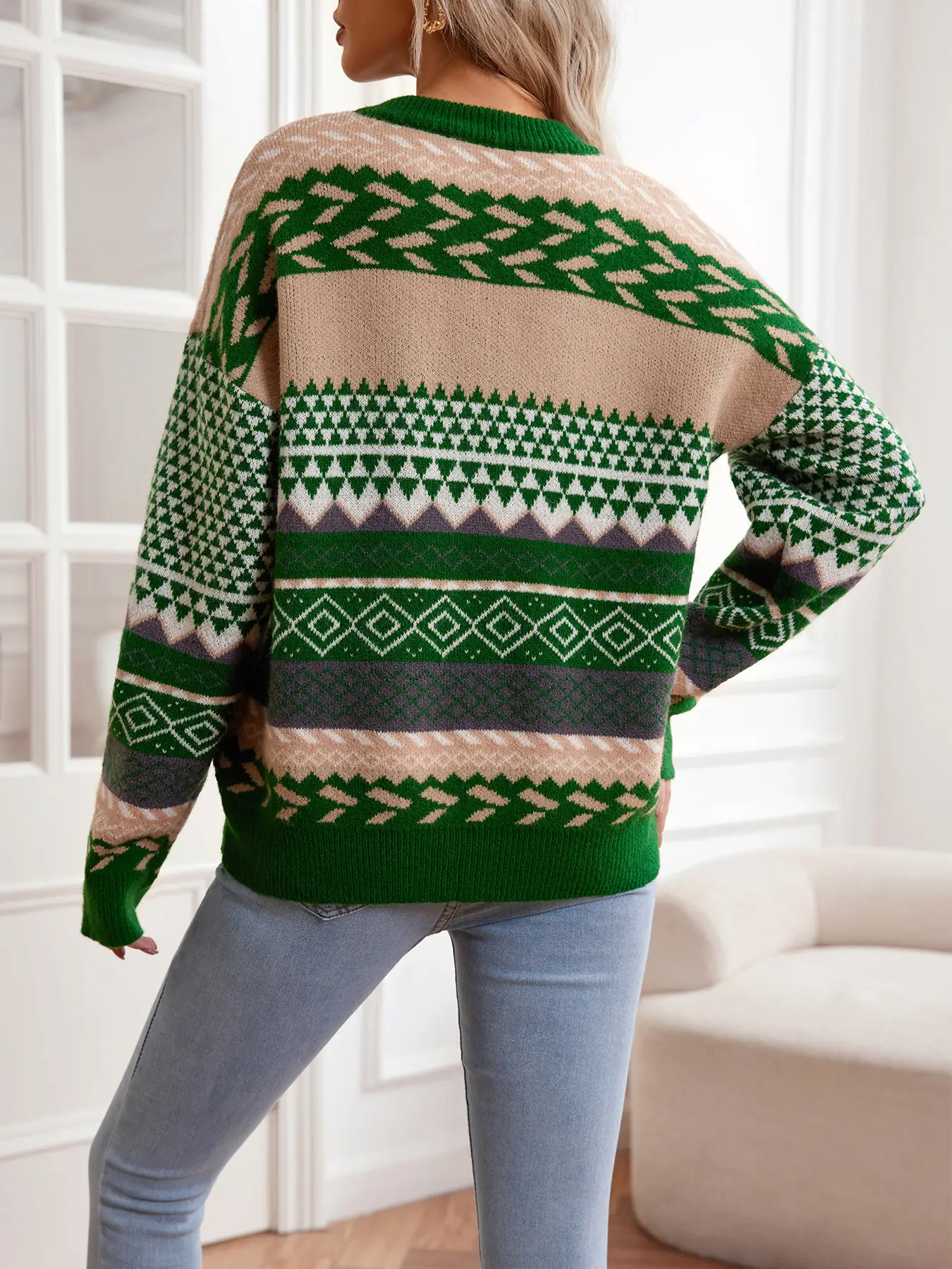 Women Waxy Knitted Sweater Brown Diamond Pattern — feature 18