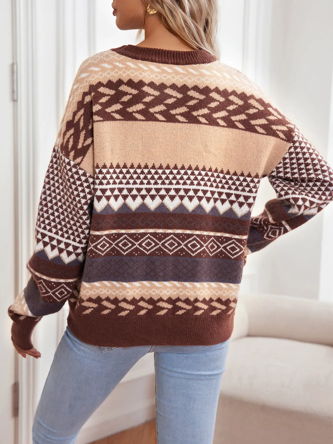 Women Waxy Knitted Sweater Brown Diamond Pattern — feature 22