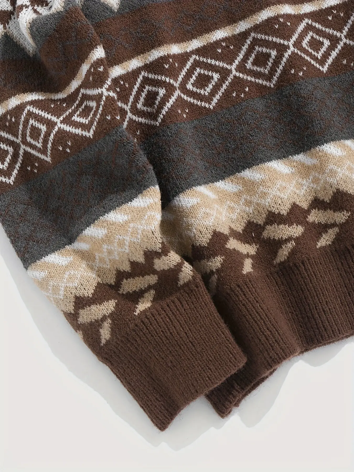 Women Waxy Knitted Sweater Brown Diamond Pattern — feature 6