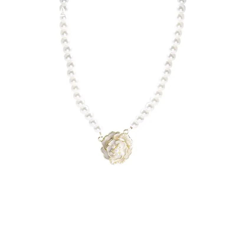 Black & White Camellia Pearl Necklace Women's High-end Light Luxury Niche Design Woolen Chain Beaded Elegant Clavicle Chain - Image 7