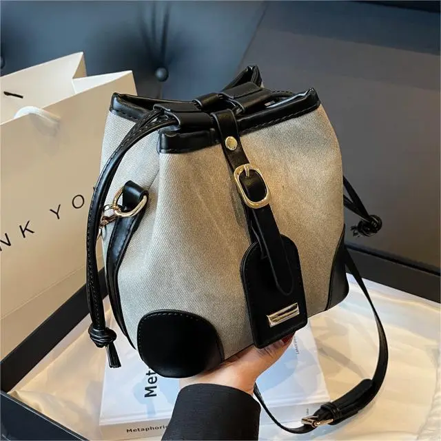 Women's Autumn Winter Contrast Color Bucket Bag - Image 7