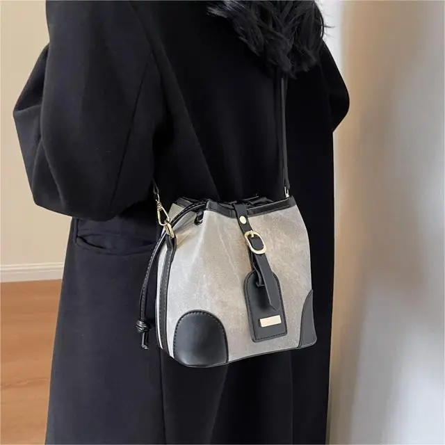 Women's Autumn Winter Contrast Color Bucket Bag - Image 8