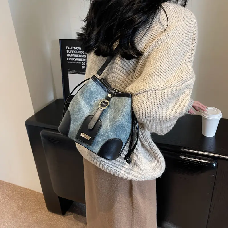 Women's Autumn Winter Contrast Color Bucket Bag - Image 3