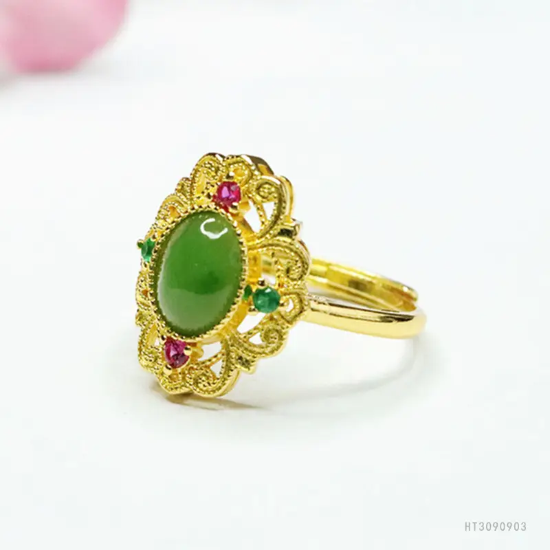 Guan Yu Jade Jasper Ring Green Red Gold - Image 3