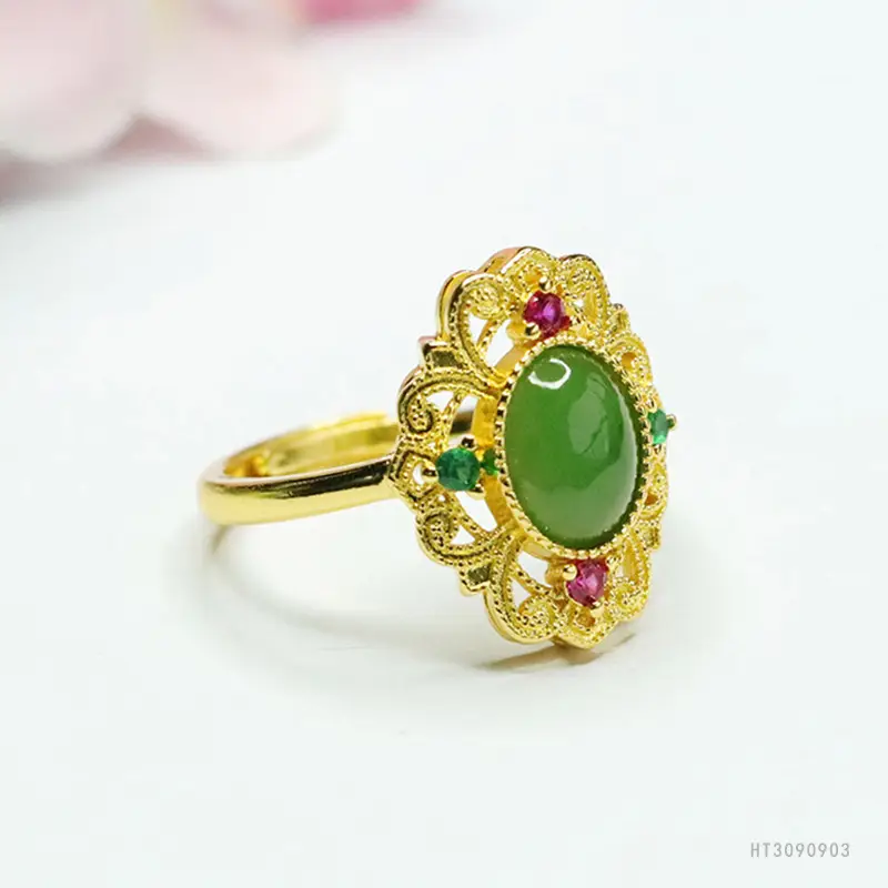 Guan Yu Jade Jasper Ring Green Red Gold - Image 4