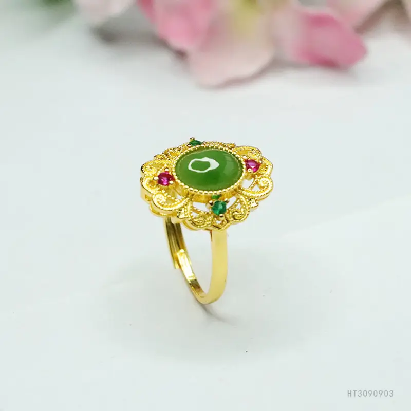Guan Yu Jade Jasper Ring Green Red Gold - Image 5