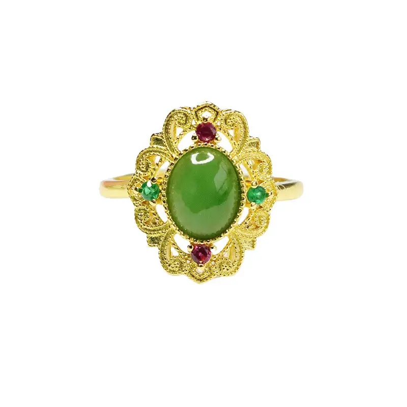 Guan Yu Jade Jasper Ring Green Red Gold - Image 6