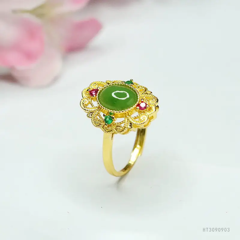 Guan Yu Jade Jasper Ring Green Red Gold — feature 9