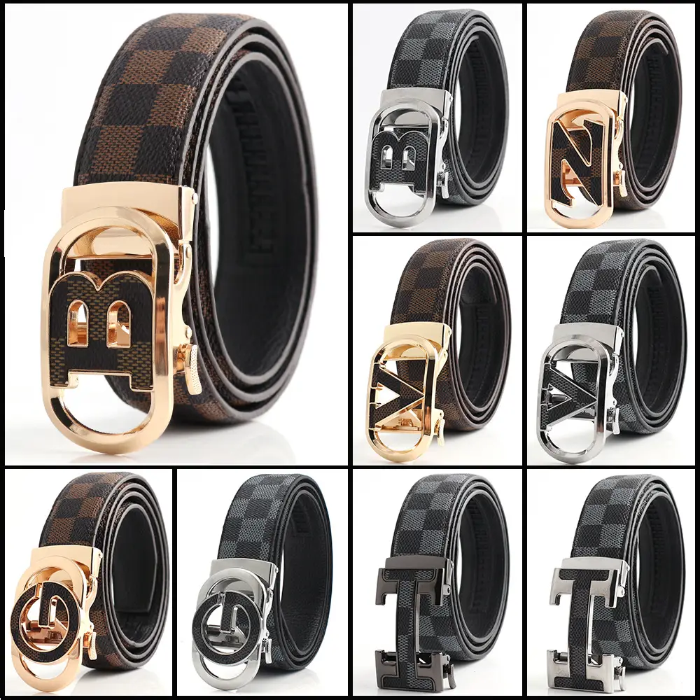 Hongsheng Men's Checkered Leather Belt with Gold Buckle - Image 12