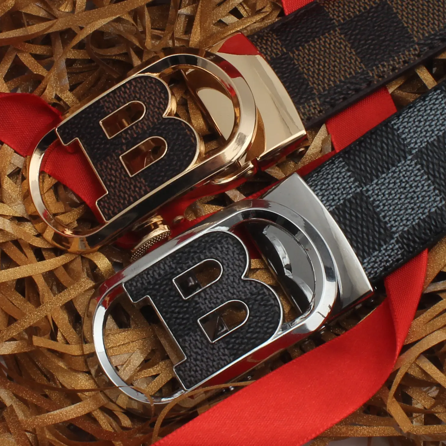 Hongsheng Men's Checkered Leather Belt with Gold Buckle - Image 13