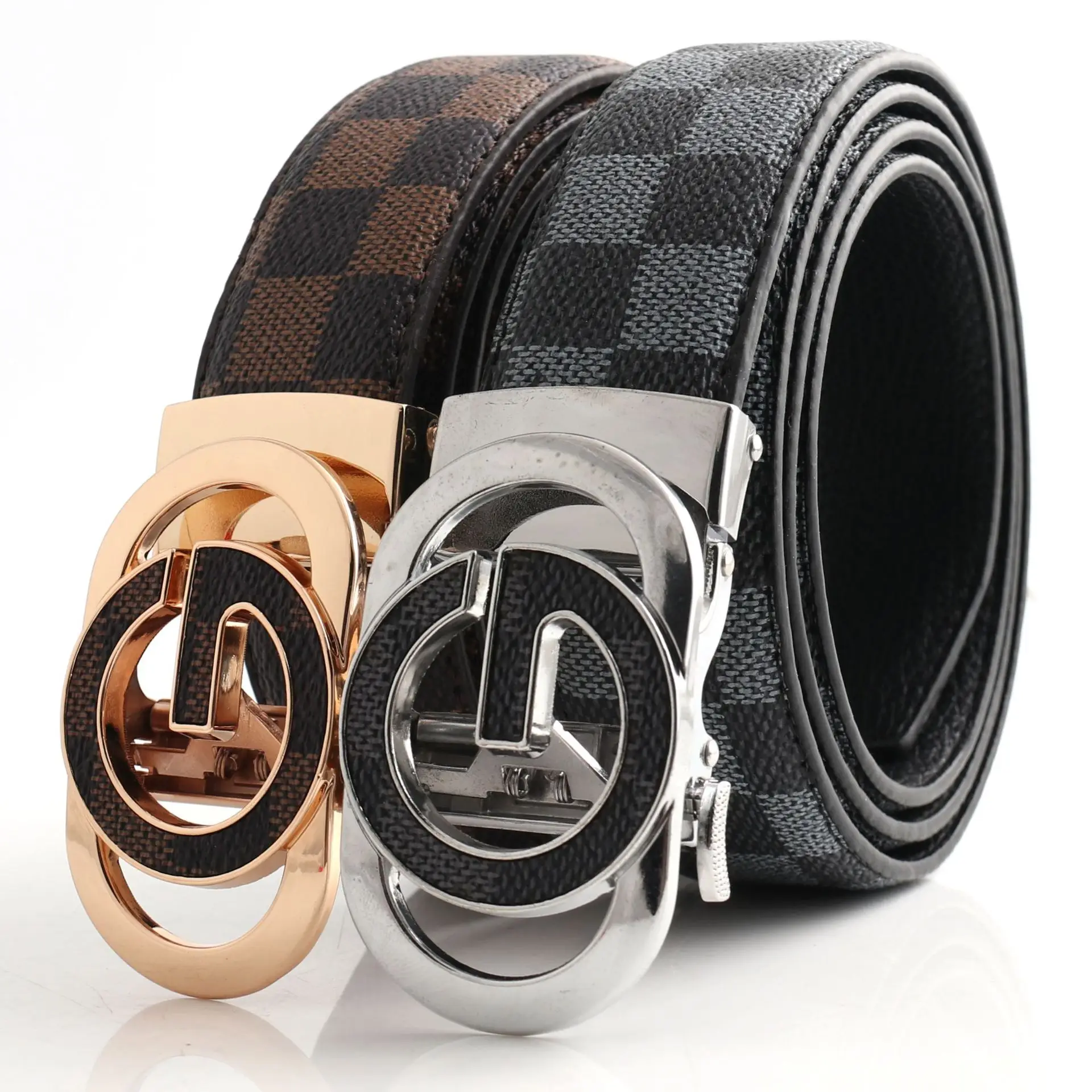 Hongsheng Men's Checkered Leather Belt with Gold Buckle - Image 14