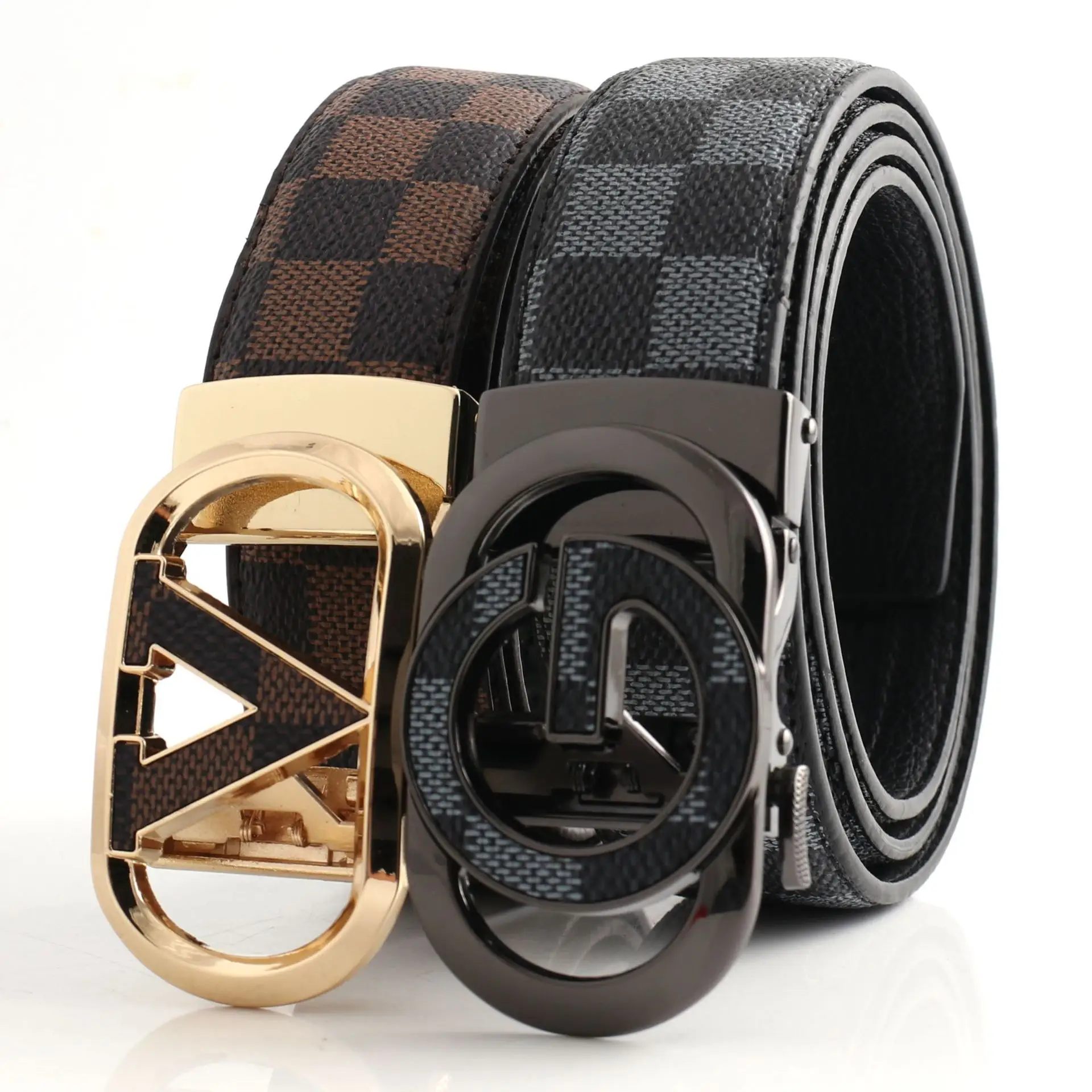 Hongsheng Men's Checkered Leather Belt with Gold Buckle - Image 16