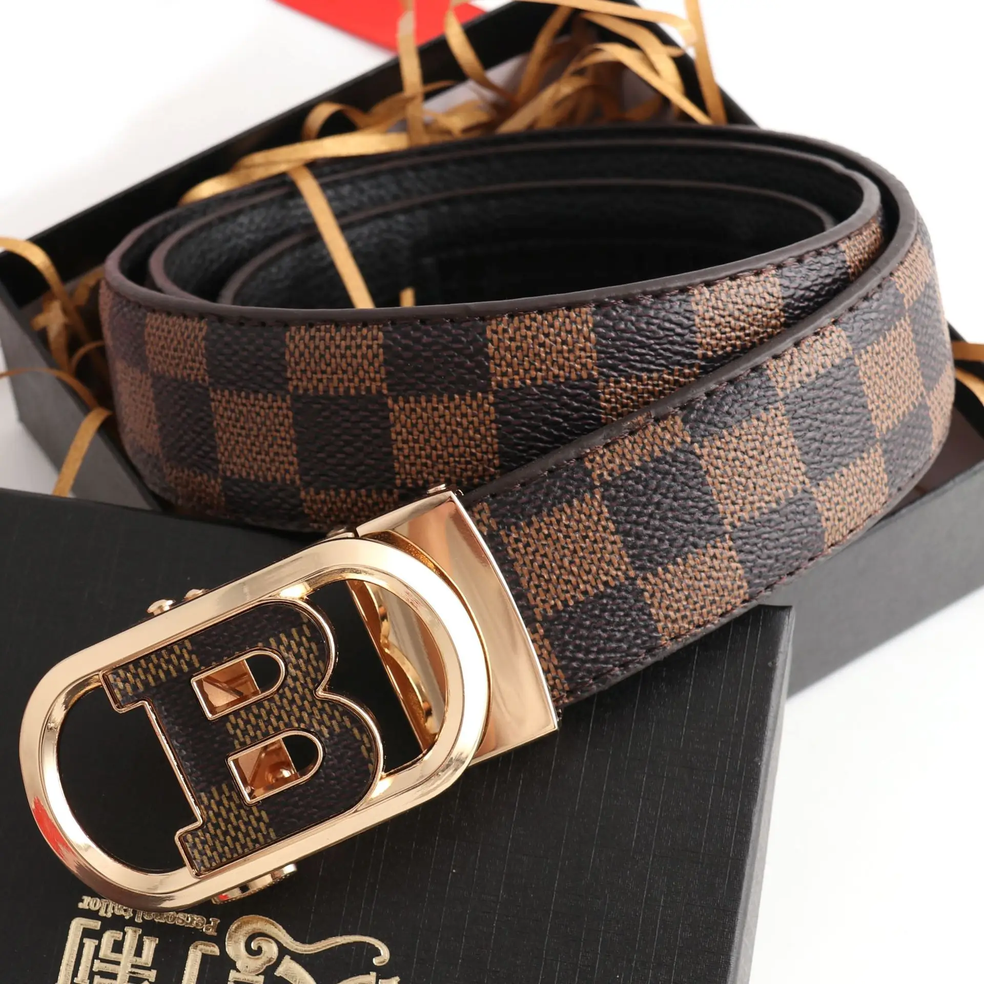 Hongsheng Men's Checkered Leather Belt with Gold Buckle β feature 12