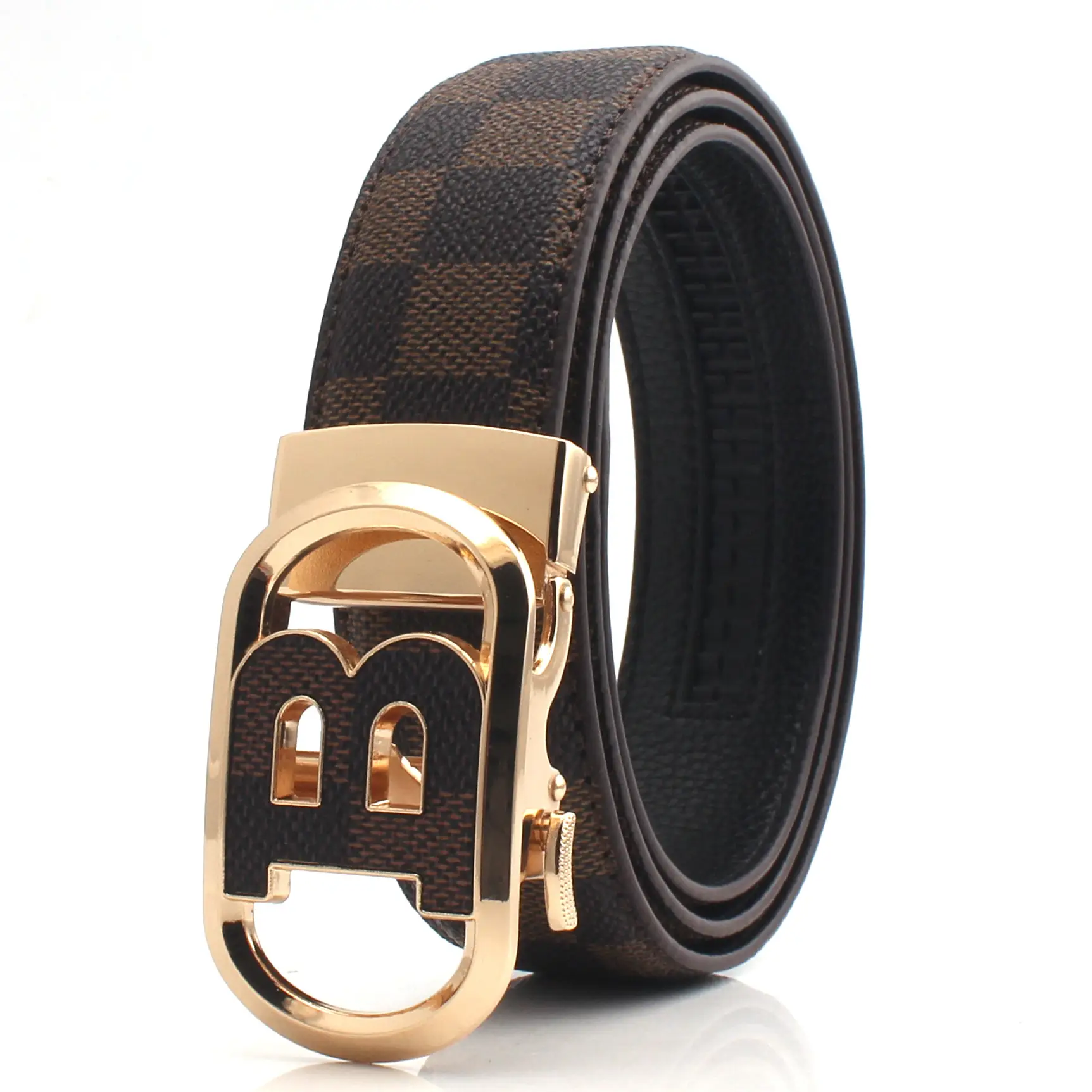 Hongsheng Men's Checkered Leather Belt with Gold Buckle