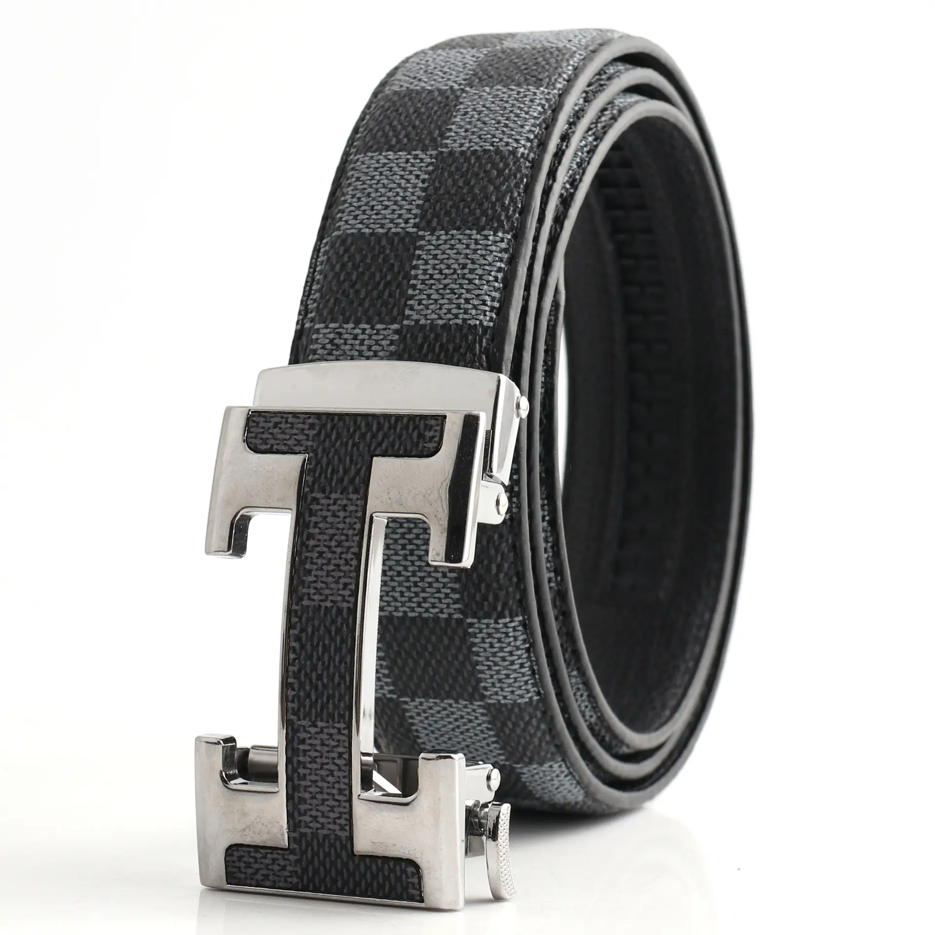 Hongsheng Men's Checkered Leather Belt with Gold Buckle - Image 9