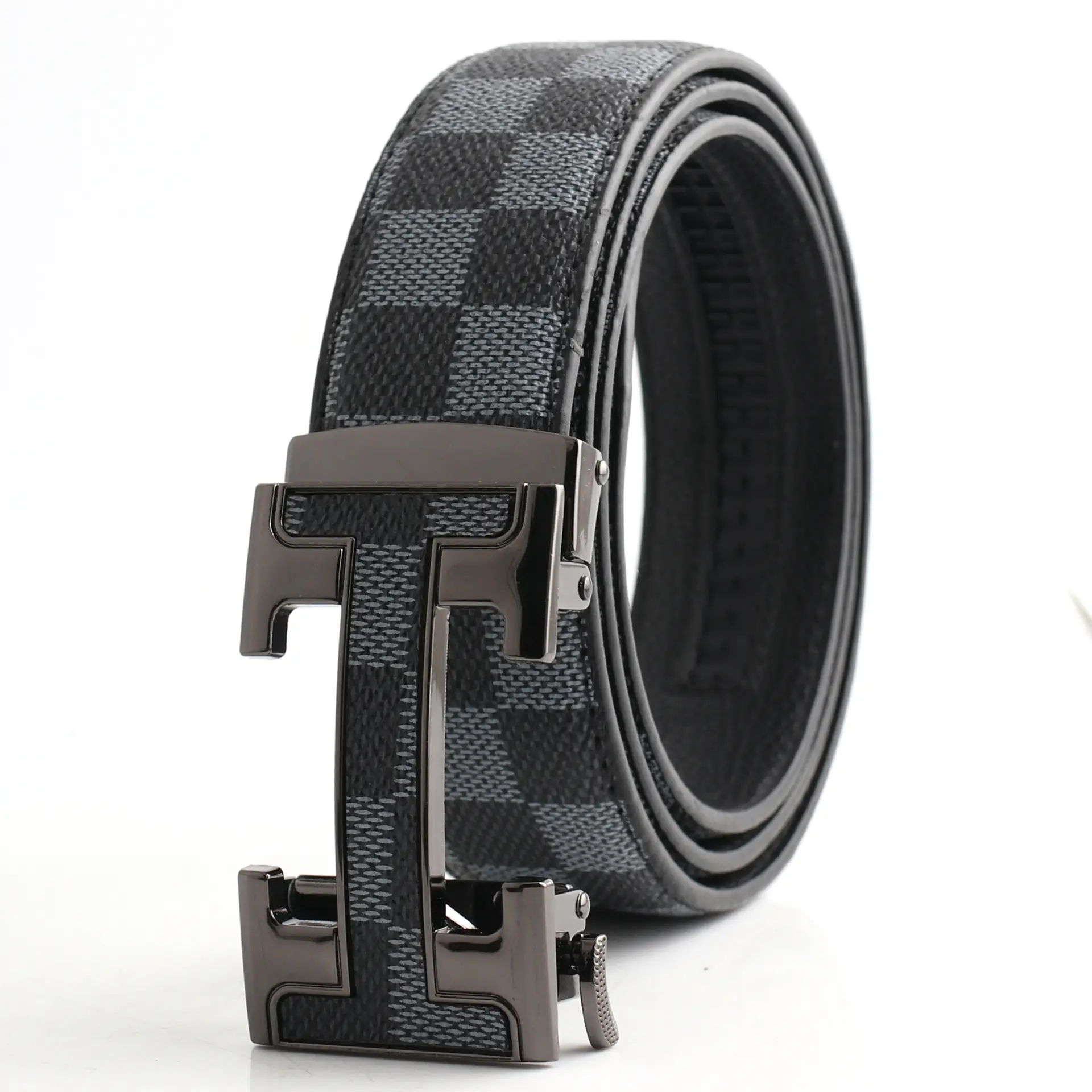 Hongsheng Men's Checkered Leather Belt with Gold Buckle - Image 10