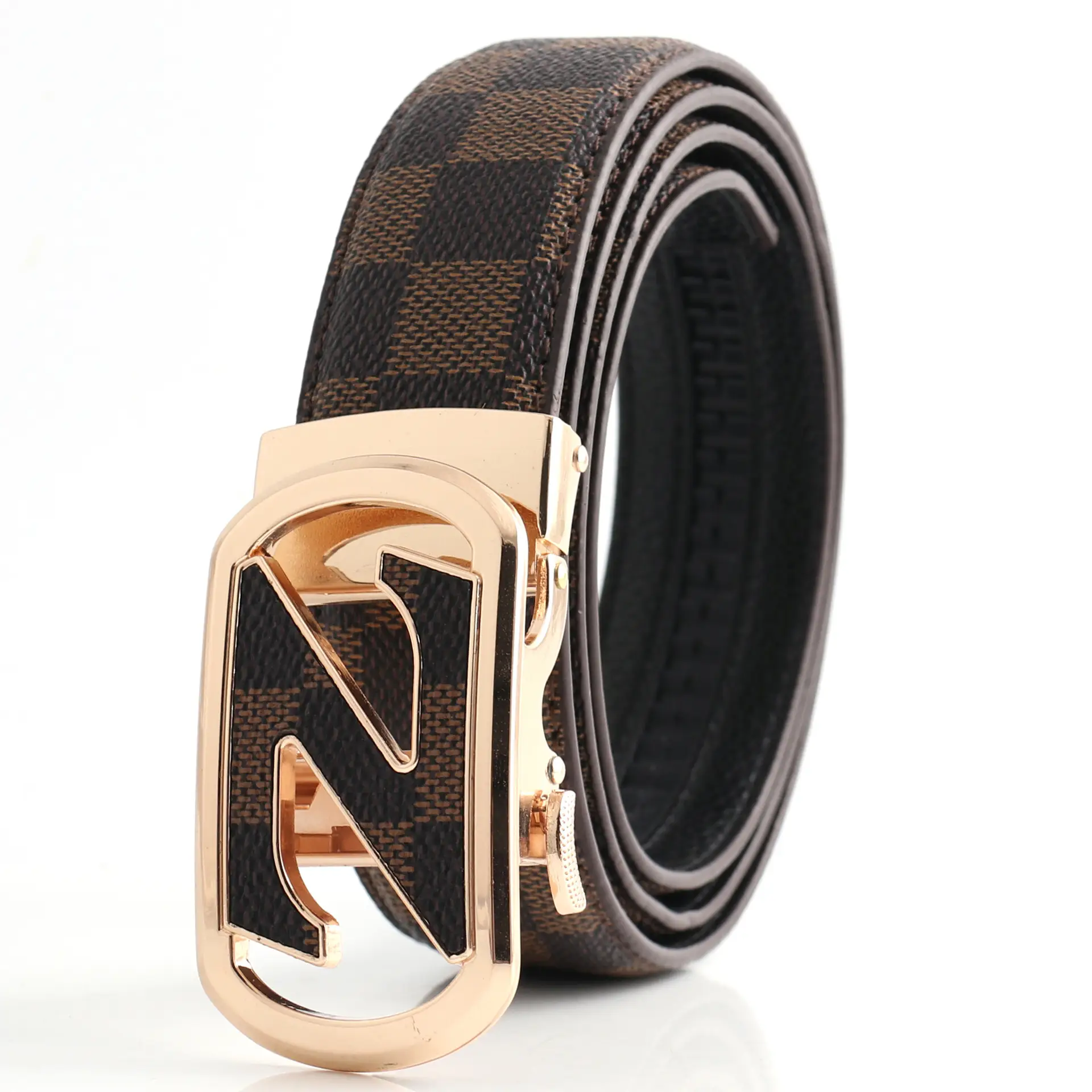 Hongsheng Men's Checkered Leather Belt with Gold Buckle - Image 11